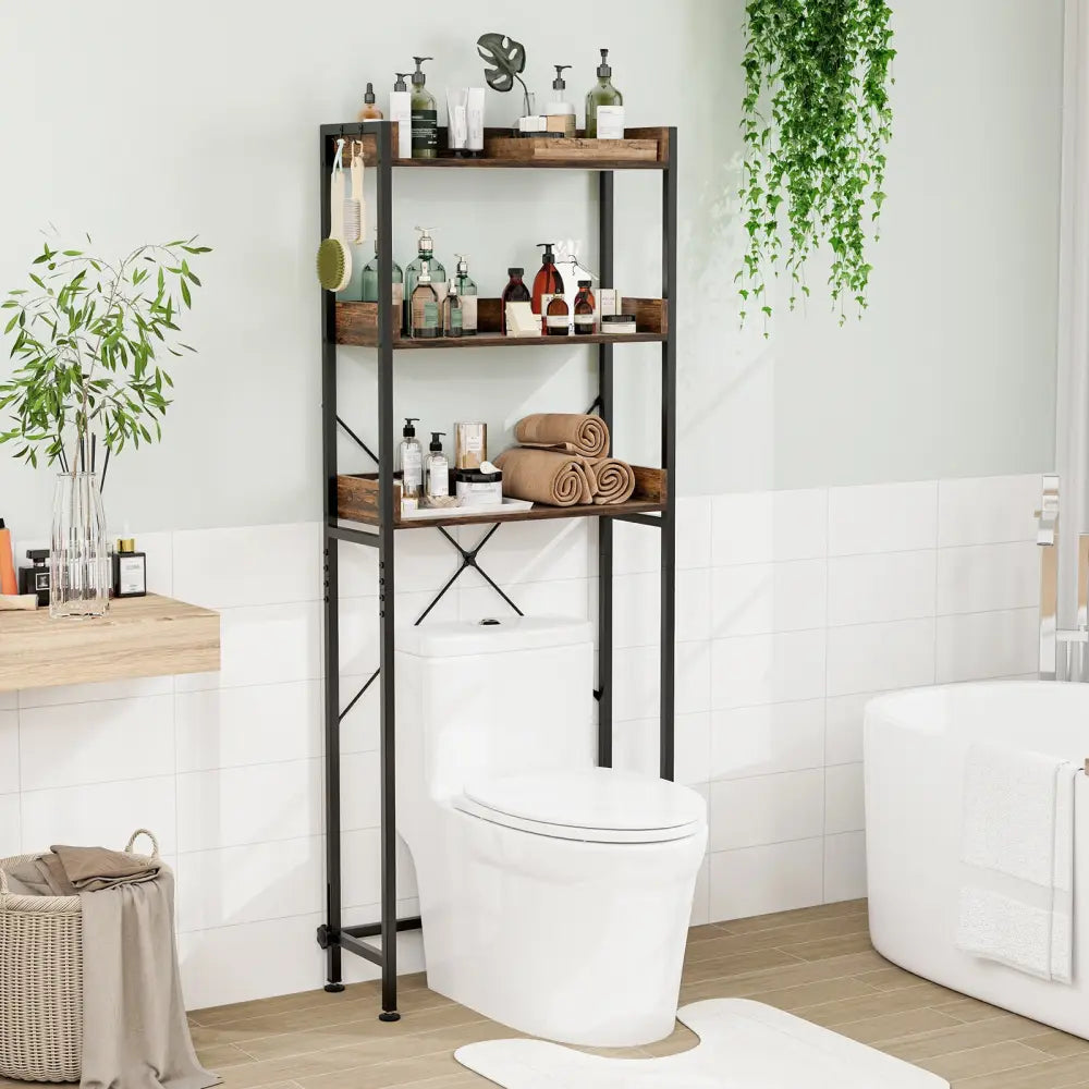 Over The Toilet Storage Rack with Hooks and Adjustable Bottom Bar-Rustic Brown - Rustic Brown - Over the Toilet Storage