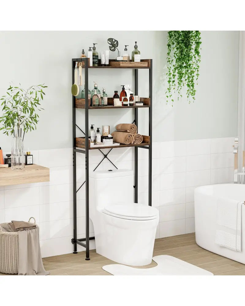 Over The Toilet Storage Rack with Hooks and Adjustable Bottom Bar-Rustic Brown - Rustic Brown - Over the Toilet Storage