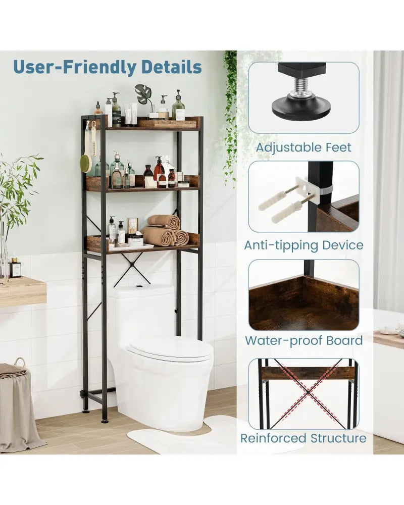 Over The Toilet Storage Rack with Hooks and Adjustable Bottom Bar-Rustic Brown - Rustic Brown - Over the Toilet Storage