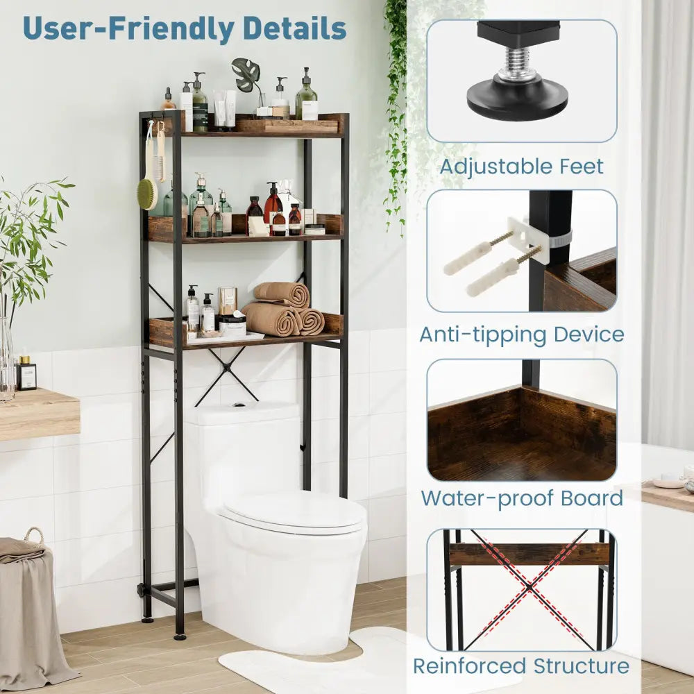 Over The Toilet Storage Rack with Hooks and Adjustable Bottom Bar-Rustic Brown - Rustic Brown - Over the Toilet Storage