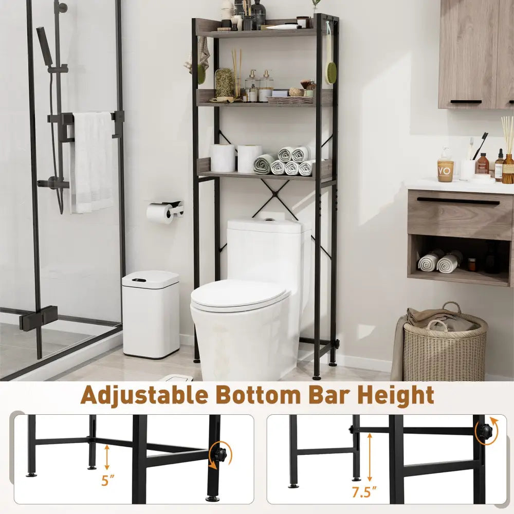 Over The Toilet Storage Rack with Hooks and Adjustable Bottom Bar-Gray - Gray - Over the Toilet Storage