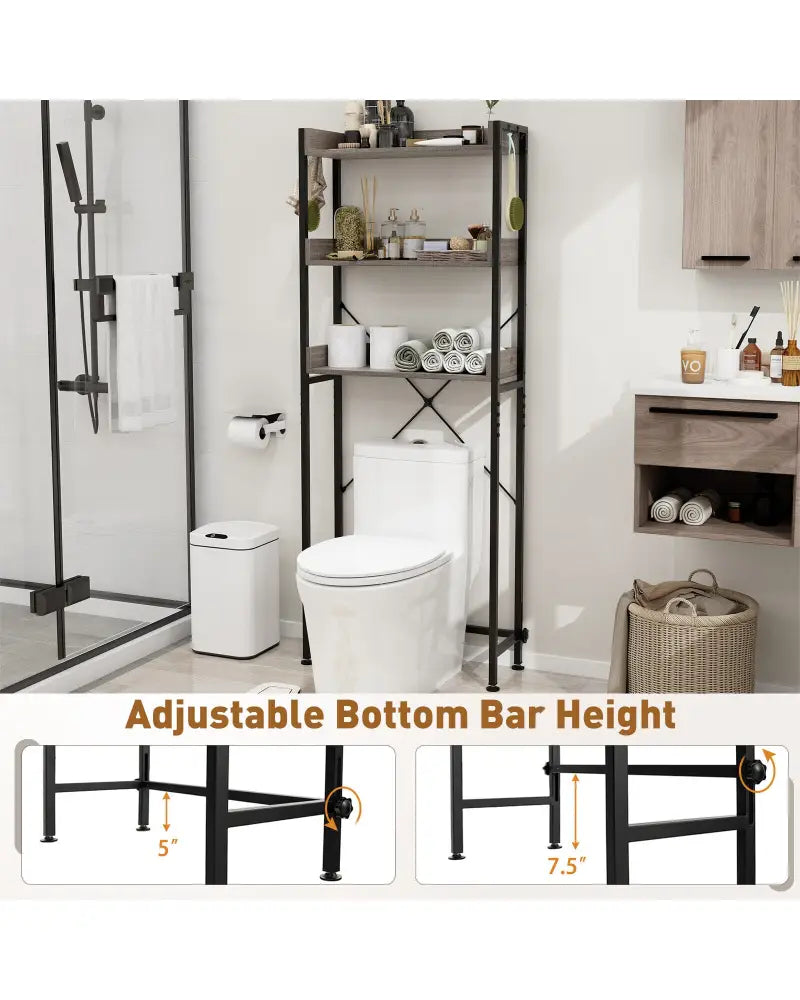 Over The Toilet Storage Rack with Hooks and Adjustable Bottom Bar-Gray - Gray - Over the Toilet Storage