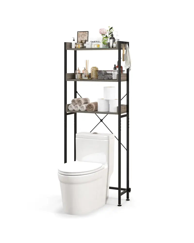 Over The Toilet Storage Rack with Hooks and Adjustable Bottom Bar-Gray - Gray - Over the Toilet Storage
