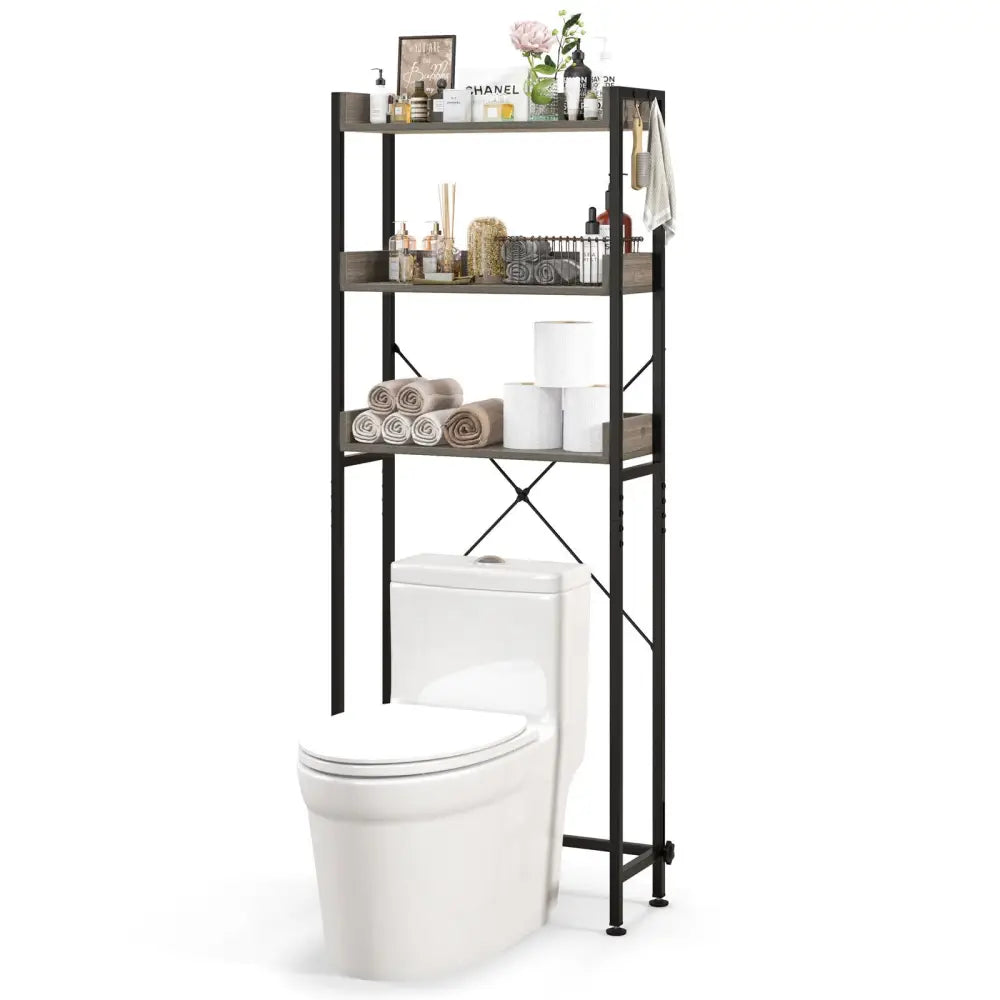 Over The Toilet Storage Rack with Hooks and Adjustable Bottom Bar-Gray - Gray - Over the Toilet Storage
