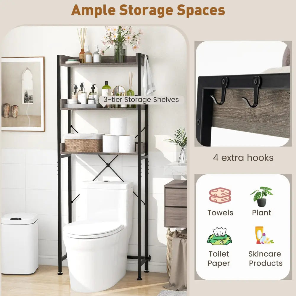Over The Toilet Storage Rack with Hooks and Adjustable Bottom Bar-Gray - Gray - Over the Toilet Storage