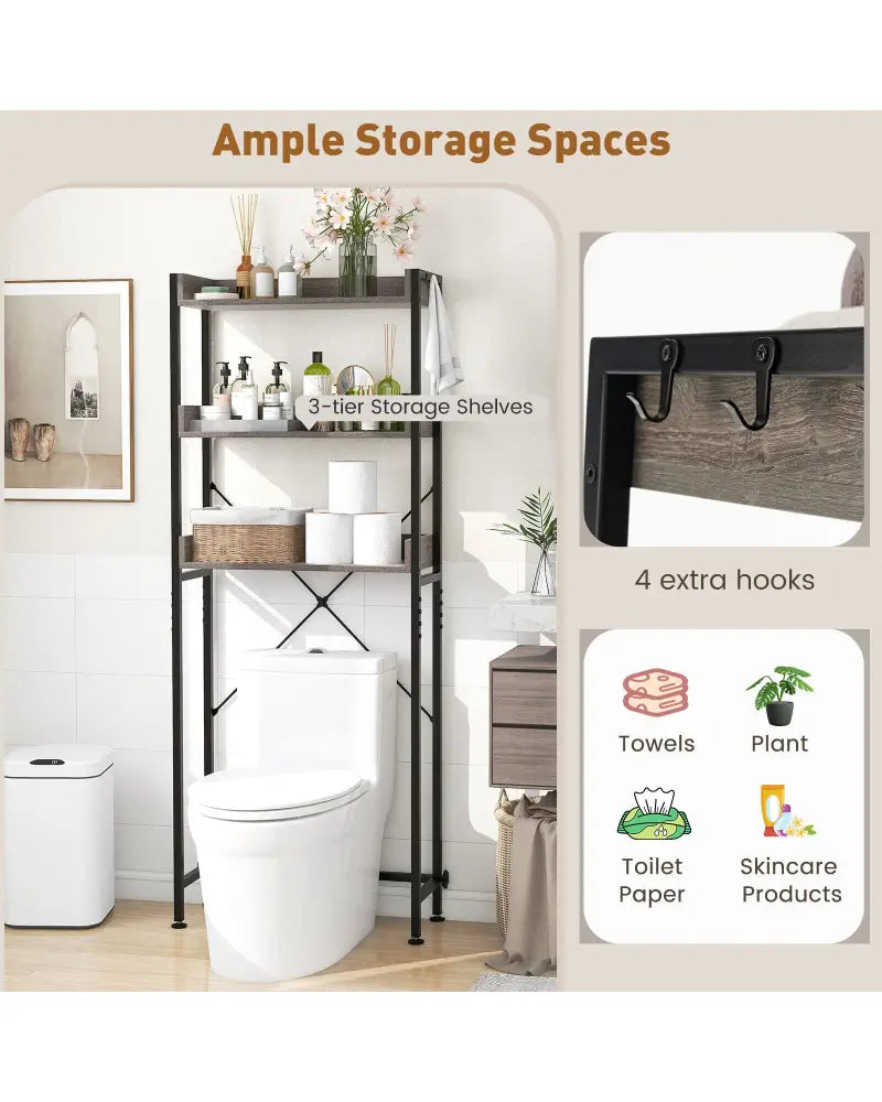 Over The Toilet Storage Rack with Hooks and Adjustable Bottom Bar-Gray - Gray - Over the Toilet Storage