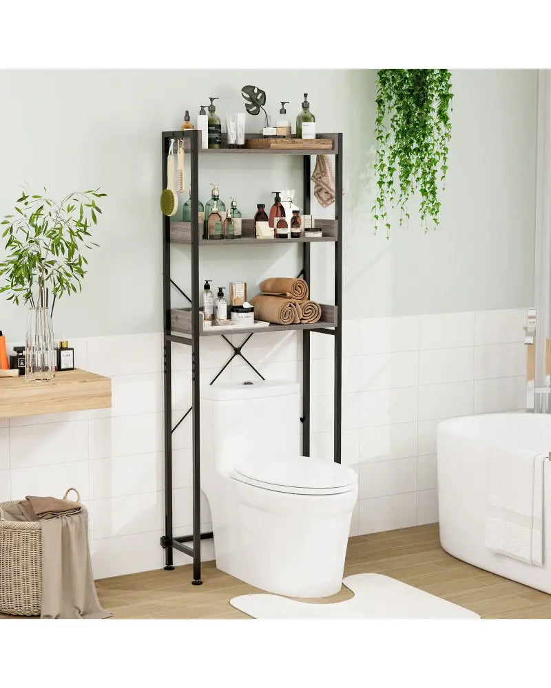 Over The Toilet Storage Rack with Hooks and Adjustable Bottom Bar-Gray - Gray - Over the Toilet Storage