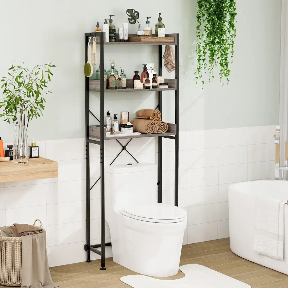 Over The Toilet Storage Rack with Hooks and Adjustable Bottom Bar-Gray - Gray - Over the Toilet Storage