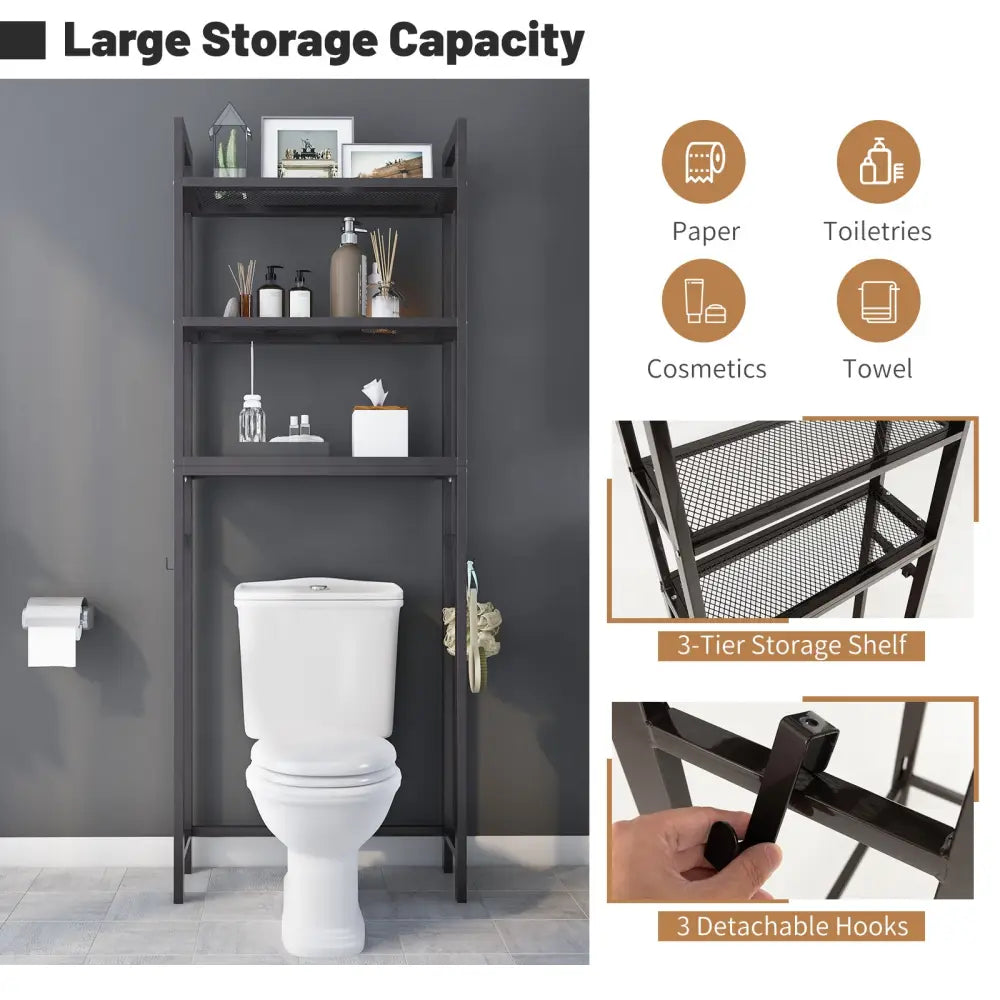 Over-The-Toilet Storage Shelf Space Saving Metal Bathroom Organizer Hooks-Brown - Brown - Over the Toilet Storage