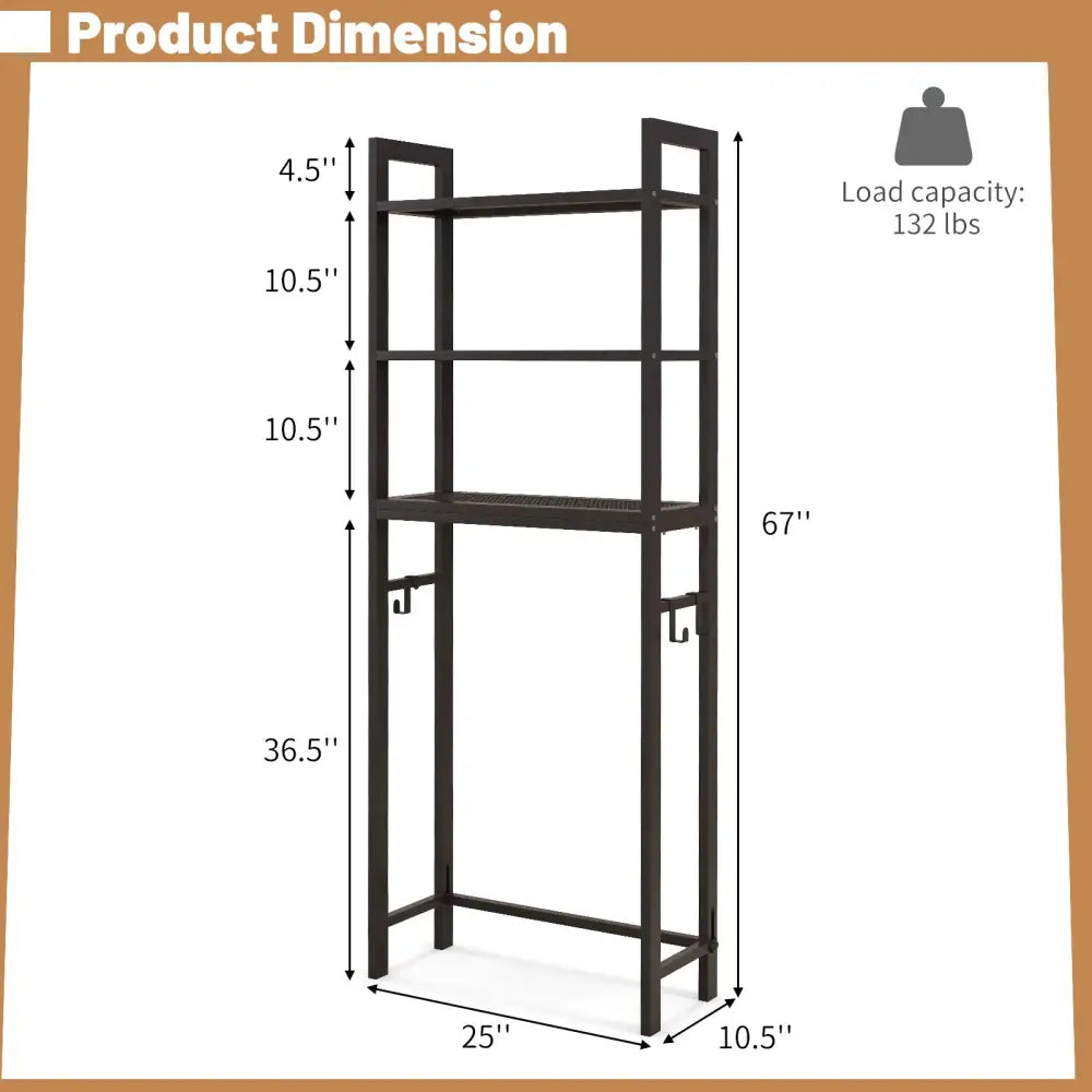 Over-The-Toilet Storage Shelf Space Saving Metal Bathroom Organizer Hooks-Brown - Brown - Over the Toilet Storage