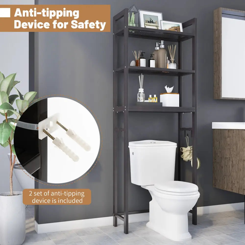Over-The-Toilet Storage Shelf Space Saving Metal Bathroom Organizer Hooks-Brown - Brown - Over the Toilet Storage