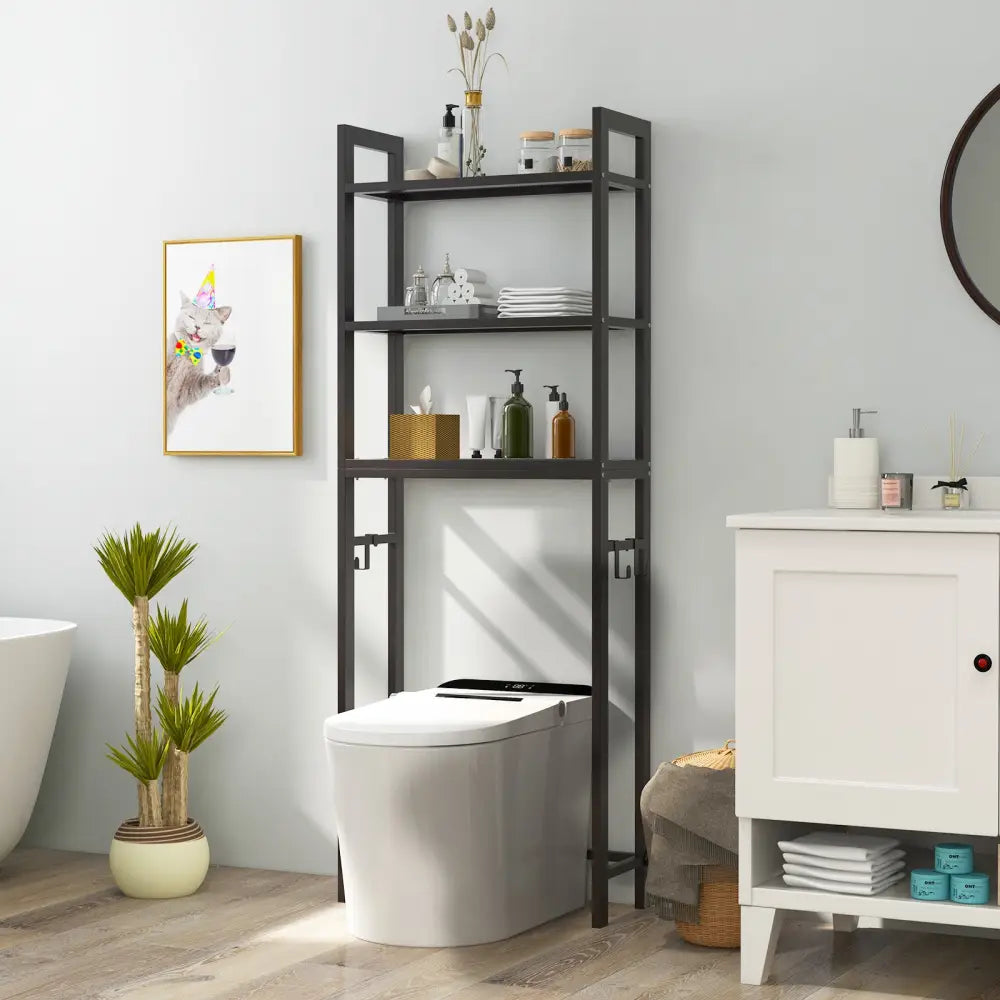 Over-The-Toilet Storage Shelf Space Saving Metal Bathroom Organizer Hooks-Brown - Brown - Over the Toilet Storage