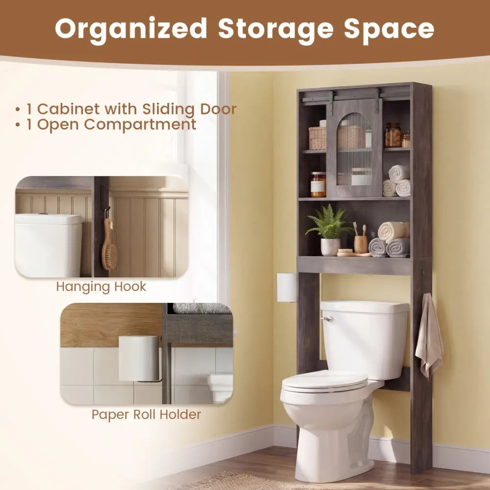 Over Toilet Storage Cabinet with Sliding Barn Door and Open Shelves for Bathroom-Oak - Oak - Over the Toilet Storage
