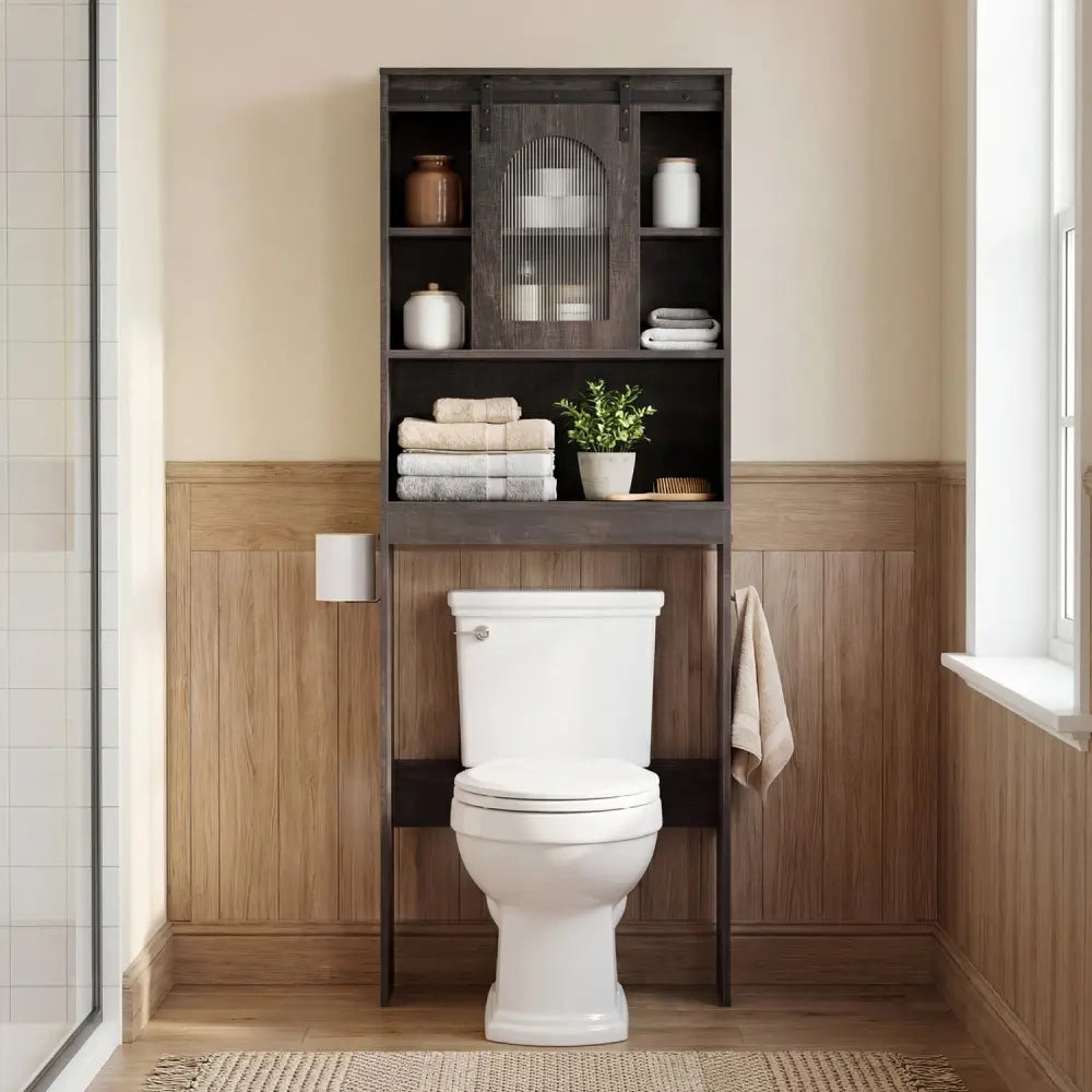 Over Toilet Storage Cabinet with Sliding Barn Door and Open Shelves for Bathroom-Oak - Oak - Over the Toilet Storage