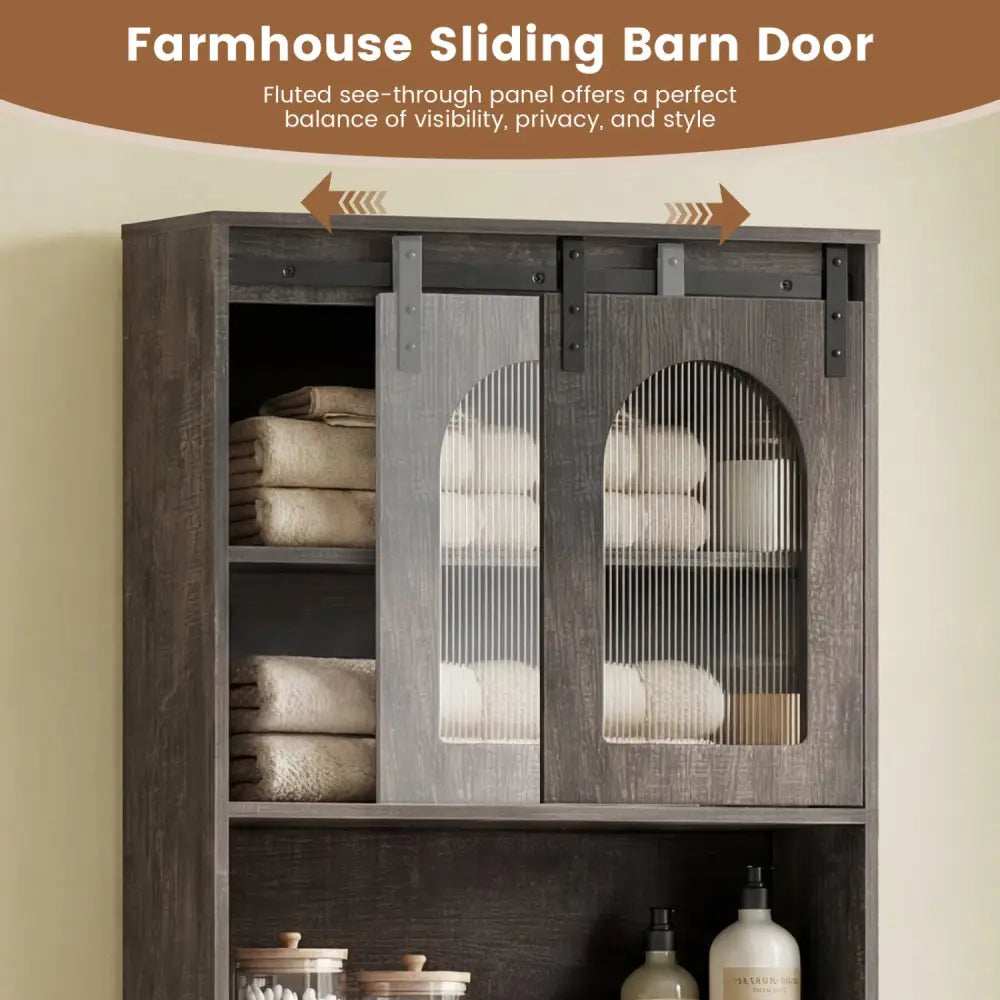 Over Toilet Storage Cabinet with Sliding Barn Door and Open Shelves for Bathroom-Oak - Oak - Over the Toilet Storage