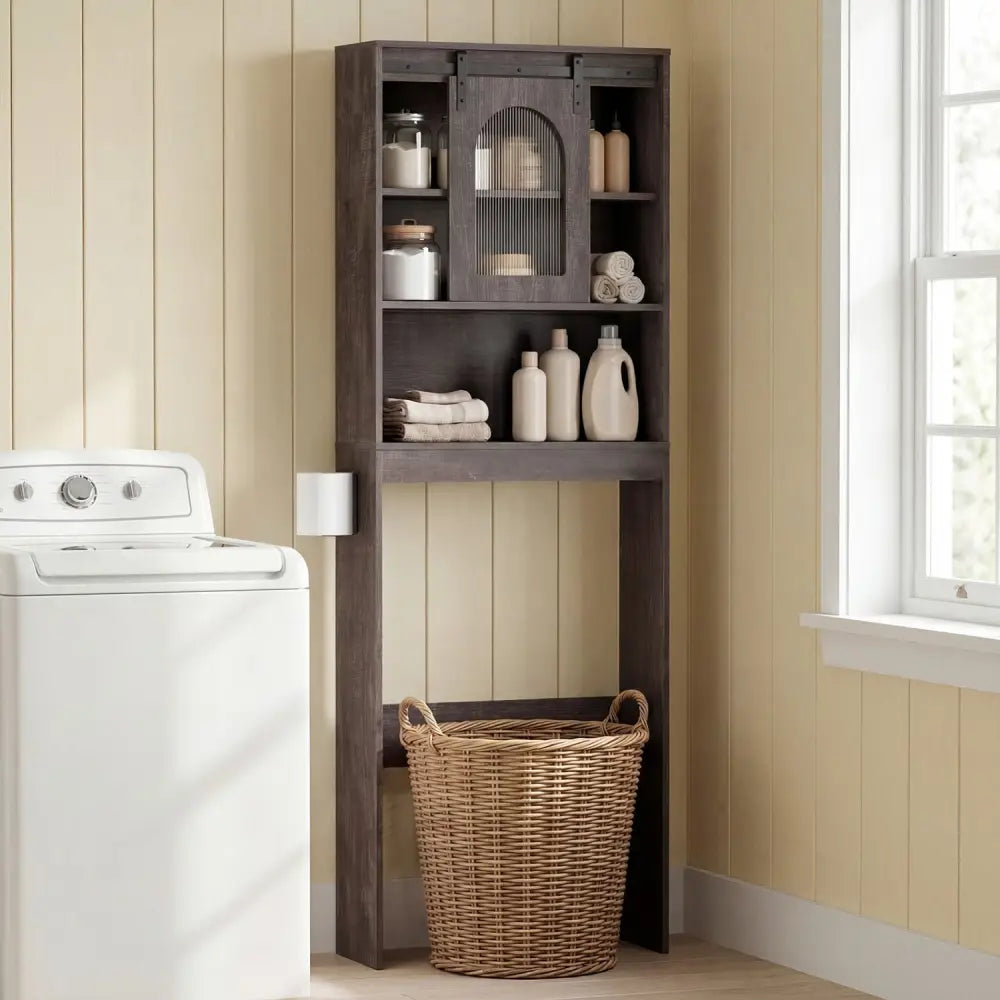 Over Toilet Storage Cabinet with Sliding Barn Door and Open Shelves for Bathroom-Oak - Oak - Over the Toilet Storage