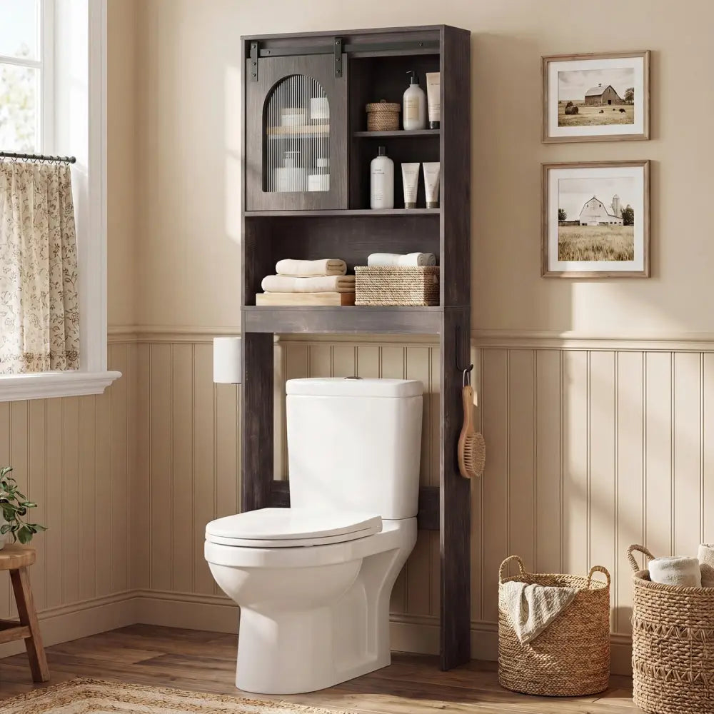 Over Toilet Storage Cabinet with Sliding Barn Door and Open Shelves for Bathroom-Oak - Oak - Over the Toilet Storage