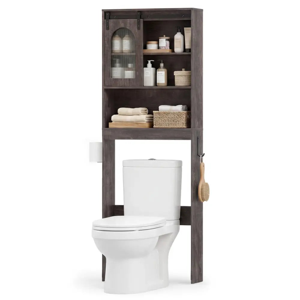 Over Toilet Storage Cabinet with Sliding Barn Door and Open Shelves for Bathroom-Oak - Oak - Over the Toilet Storage