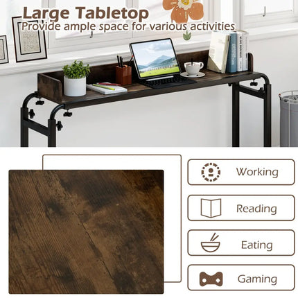 Overbed Desk with Wheels Queen Size Mobile Bed Desk with Adjustable Height-Brown - Brown - Bedroom