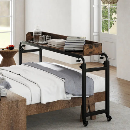 Overbed Desk with Wheels Queen Size Mobile Bed Desk with Adjustable Height-Brown - Brown - Bedroom