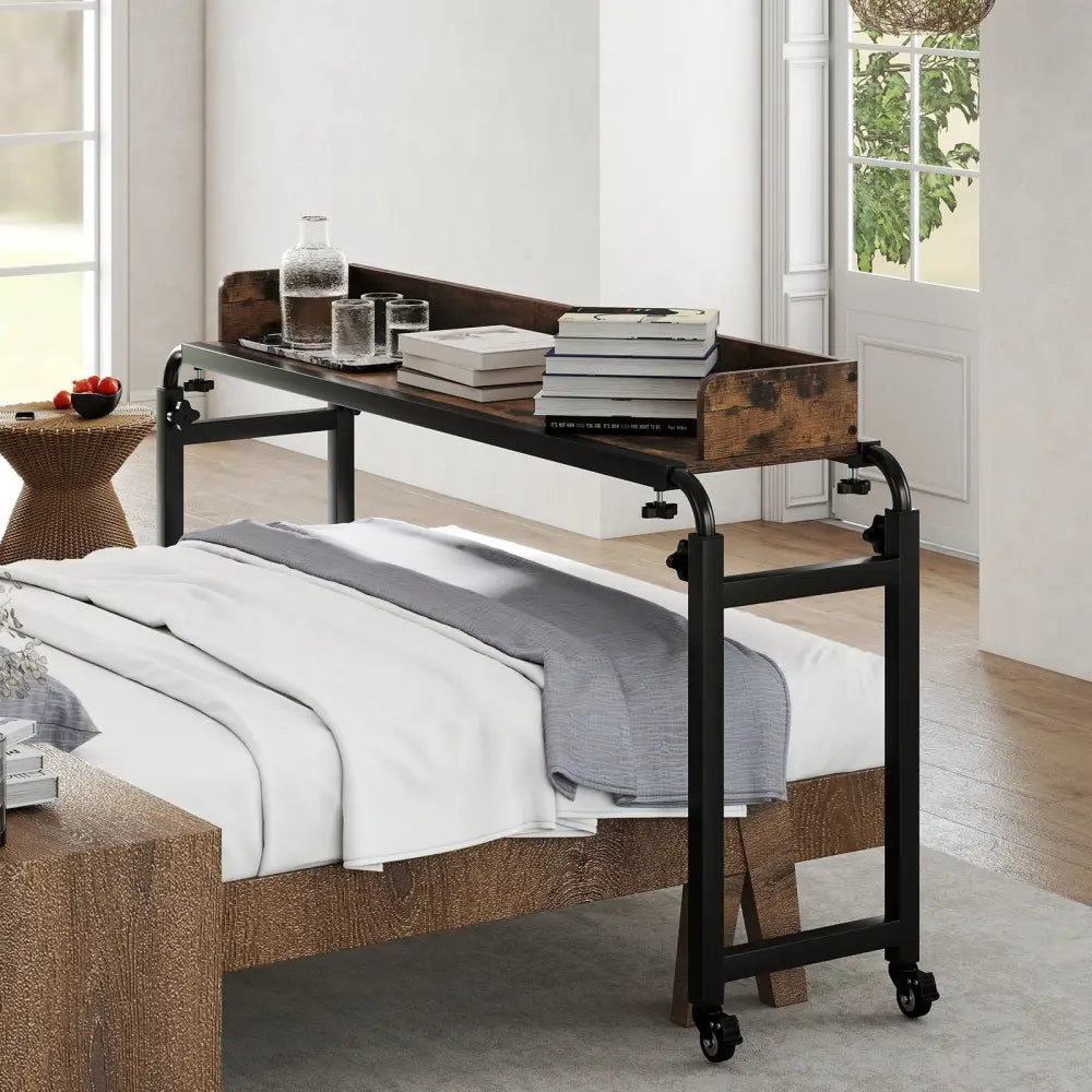 Overbed Desk with Wheels Queen Size Mobile Bed Desk with Adjustable Height-Brown - Brown - Bedroom