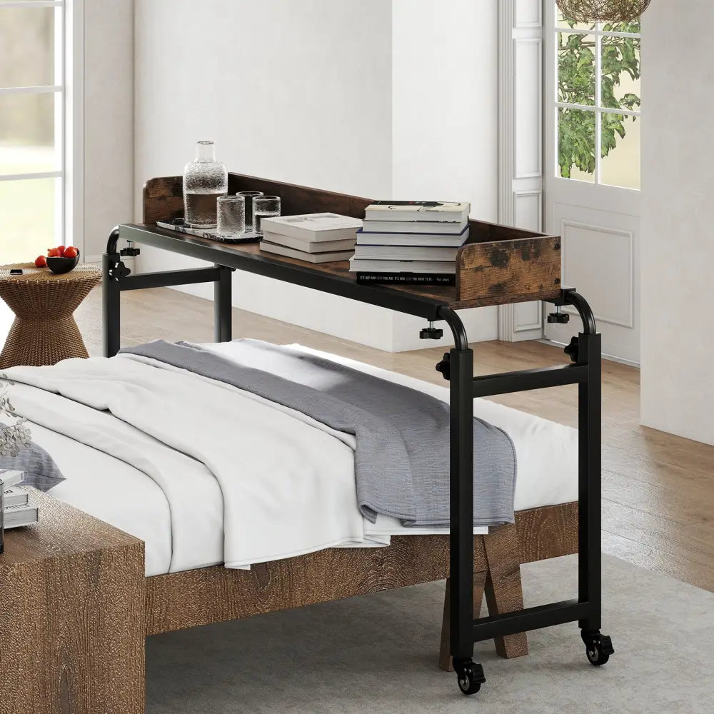 Overbed Desk with Wheels Queen Size Mobile Bed Desk with Adjustable Height-Brown - Brown - Bedroom
