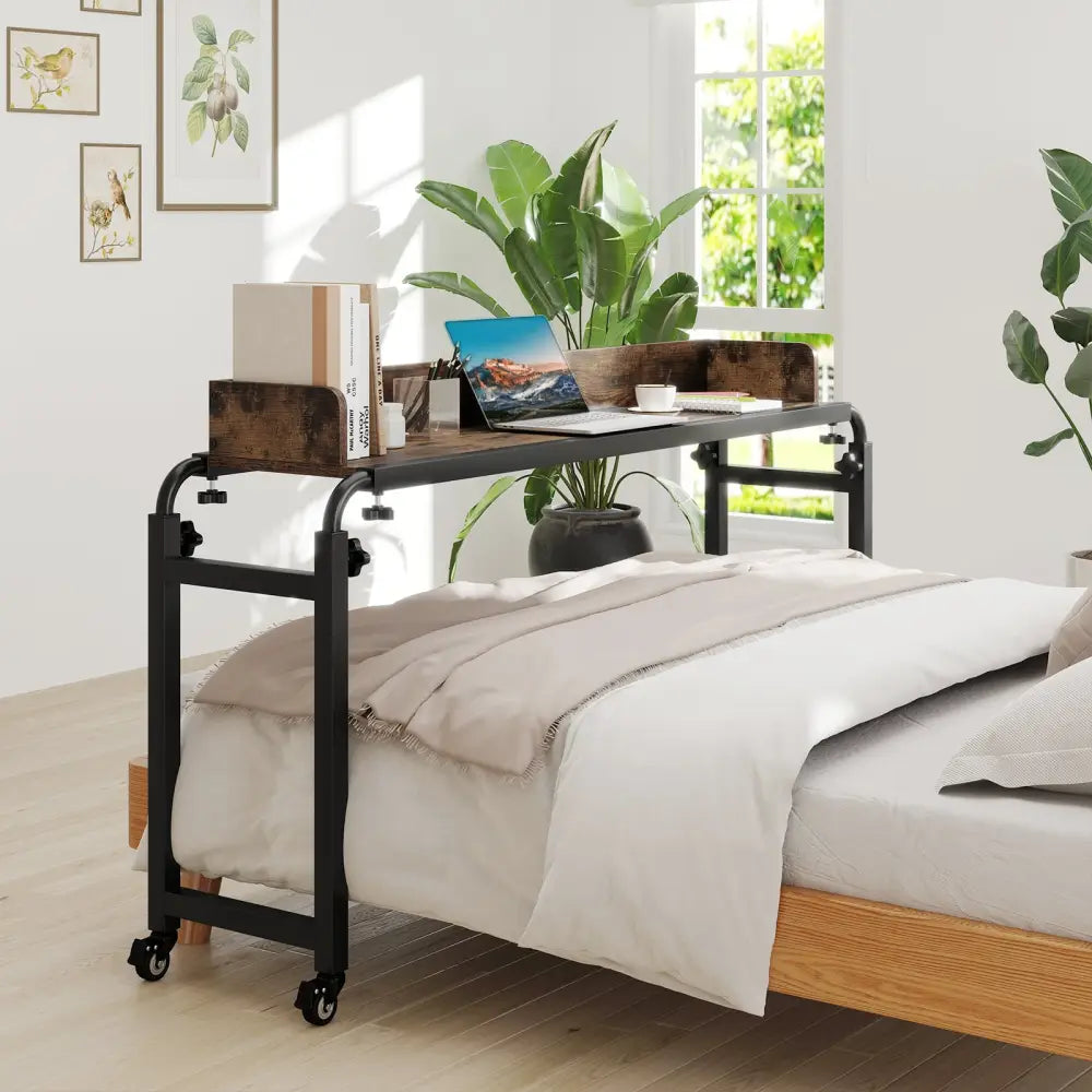 Overbed Desk with Wheels Queen Size Mobile Bed Desk with Adjustable Height-Brown - Brown - Bedroom
