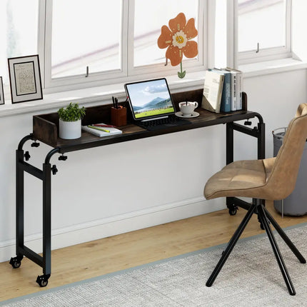 Overbed Desk with Wheels Queen Size Mobile Bed Desk with Adjustable Height-Brown - Brown - Bedroom