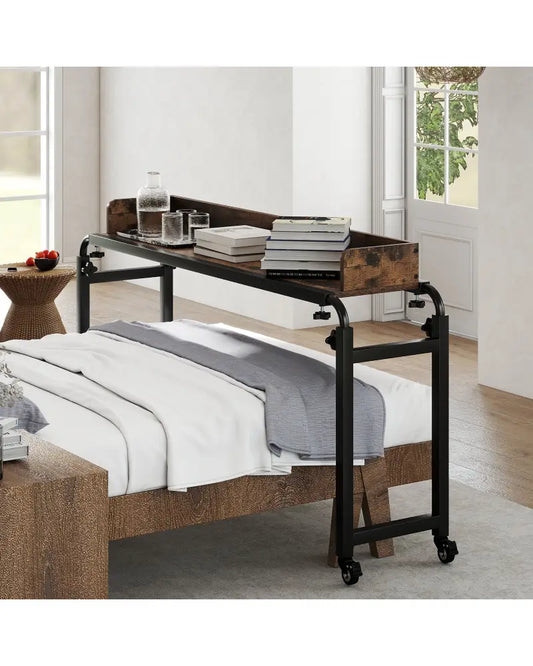 Overbed Desk with Wheels Queen Size Mobile Bed Desk with Adjustable Height-Brown - Brown - Bedroom