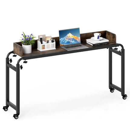 Overbed Desk with Wheels Queen Size Mobile Bed Desk with Adjustable Height-Brown - Brown - Bedroom