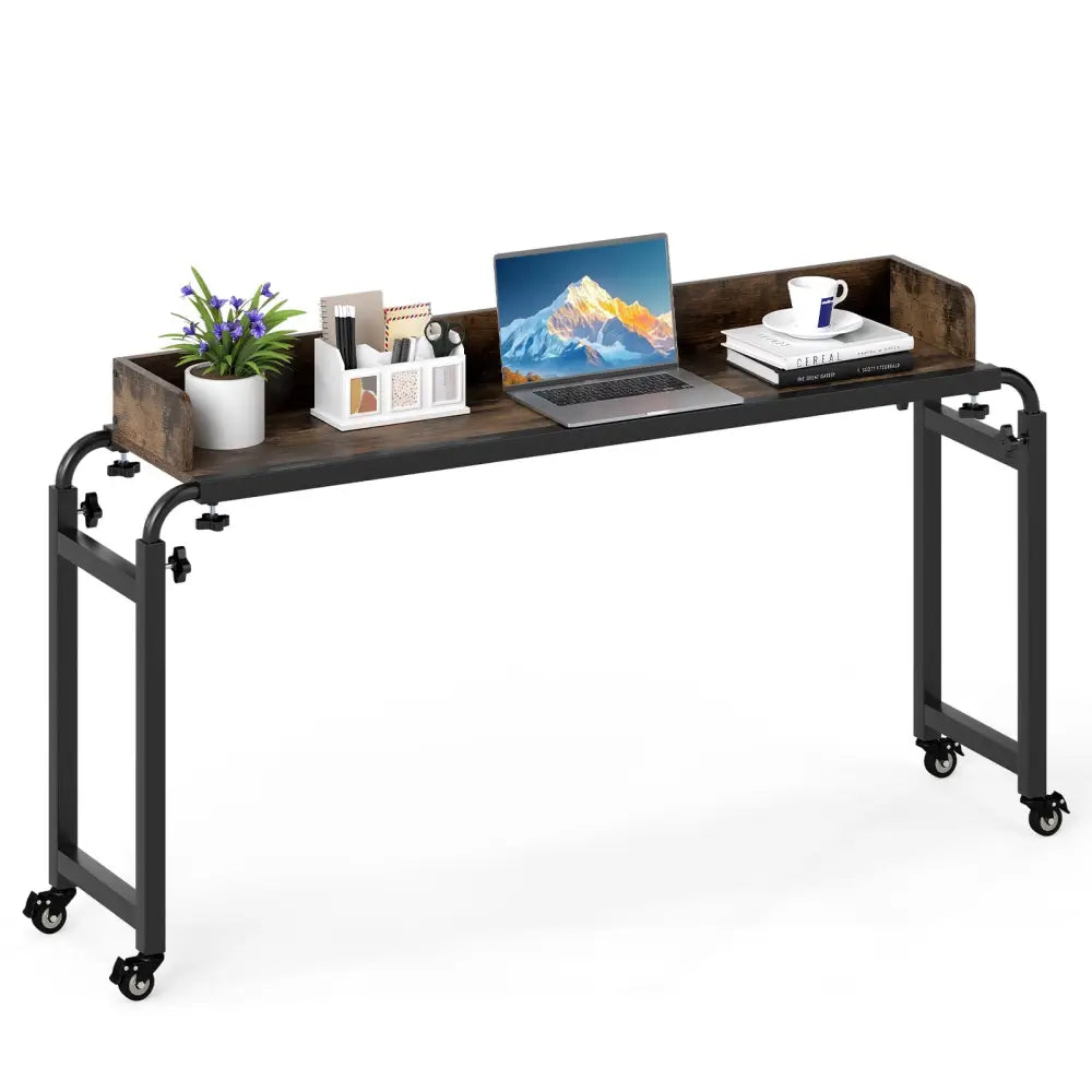 Overbed Desk with Wheels Queen Size Mobile Bed Desk with Adjustable Height-Brown - Brown - Bedroom