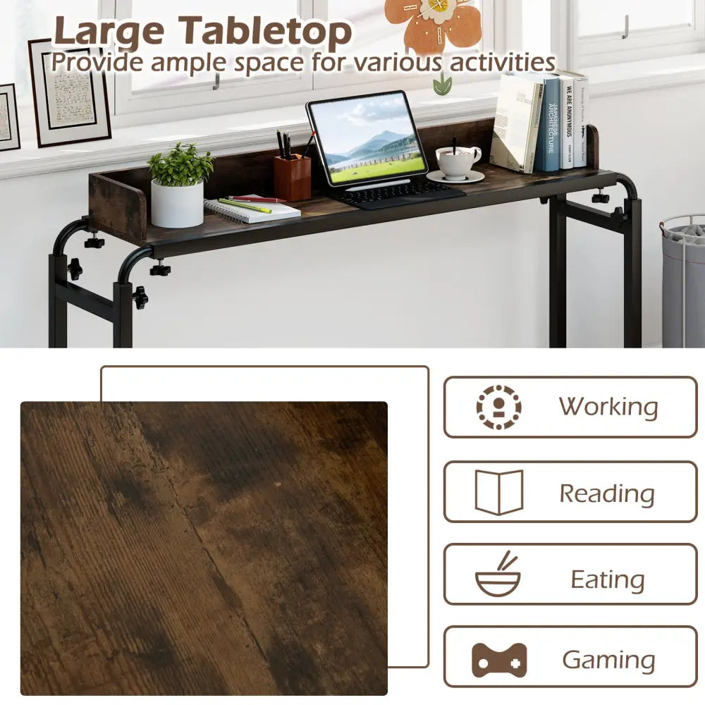 Overbed Desk with Wheels Queen Size Mobile Bed Desk with Adjustable Height-Brown - Brown - Bedroom