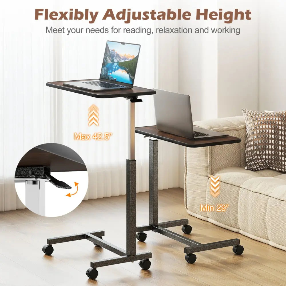 Overbed Table with Lockable Rolling Wheels and Sturdy H-Shaped Base for Hospital and Home Use-Walnut - Walnut - Laptop
