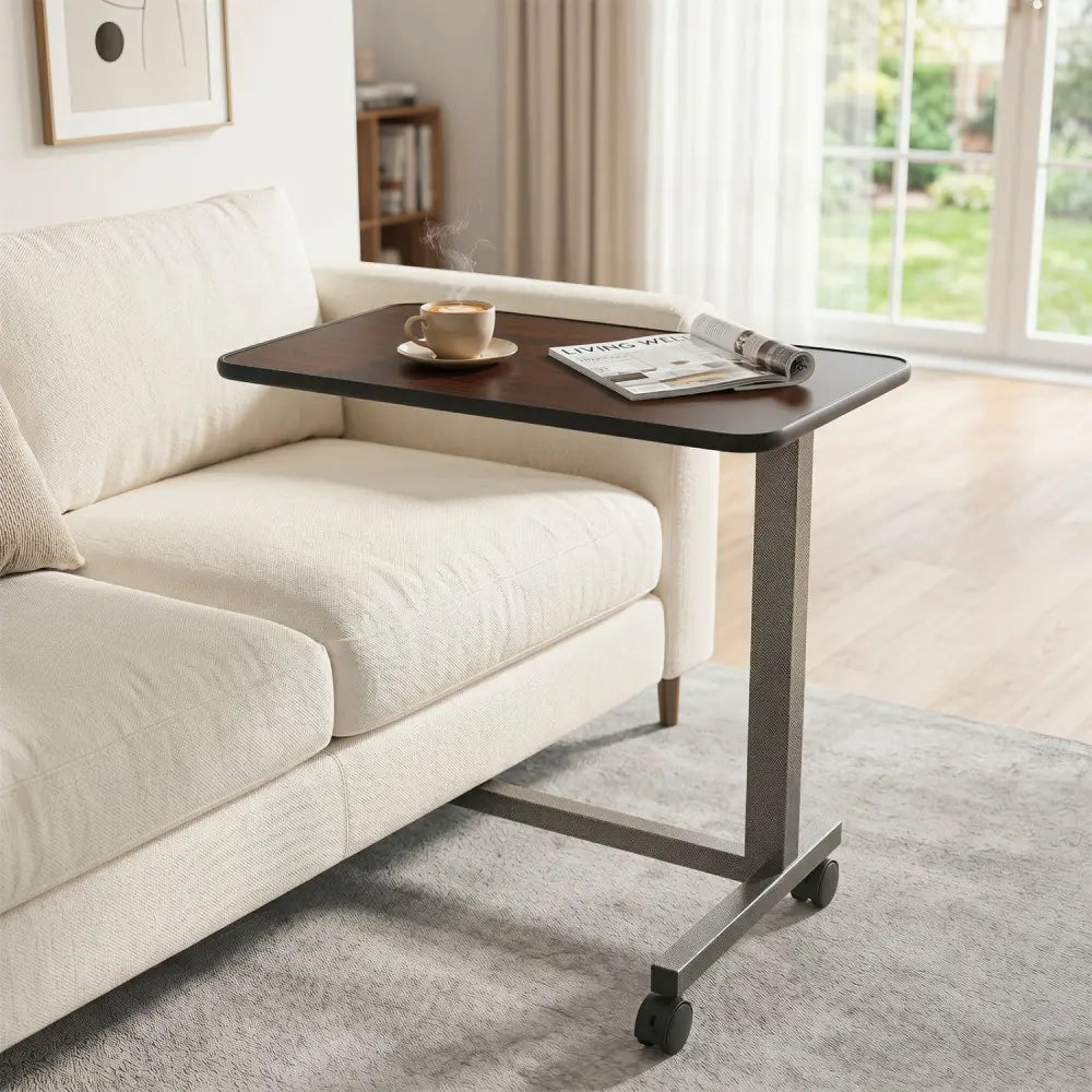 Overbed Table with Lockable Rolling Wheels and Sturdy H-Shaped Base for Hospital and Home Use-Walnut - Walnut - Laptop