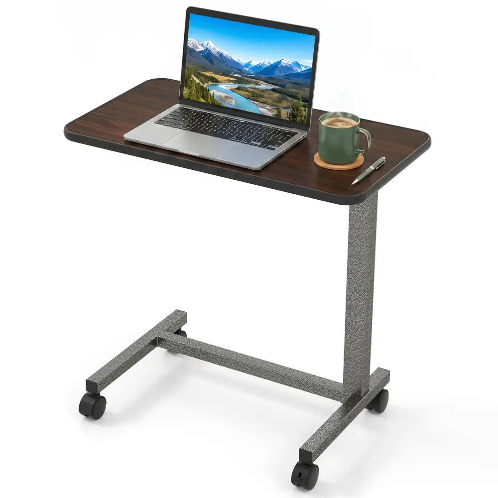Overbed Table with Lockable Rolling Wheels and Sturdy H-Shaped Base for Hospital and Home Use-Walnut - Walnut - Laptop