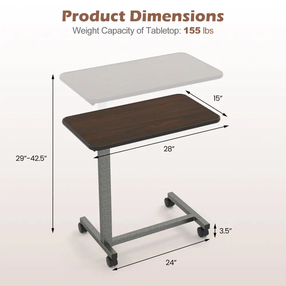 Overbed Table with Lockable Rolling Wheels and Sturdy H-Shaped Base for Hospital and Home Use-Walnut - Walnut - Laptop