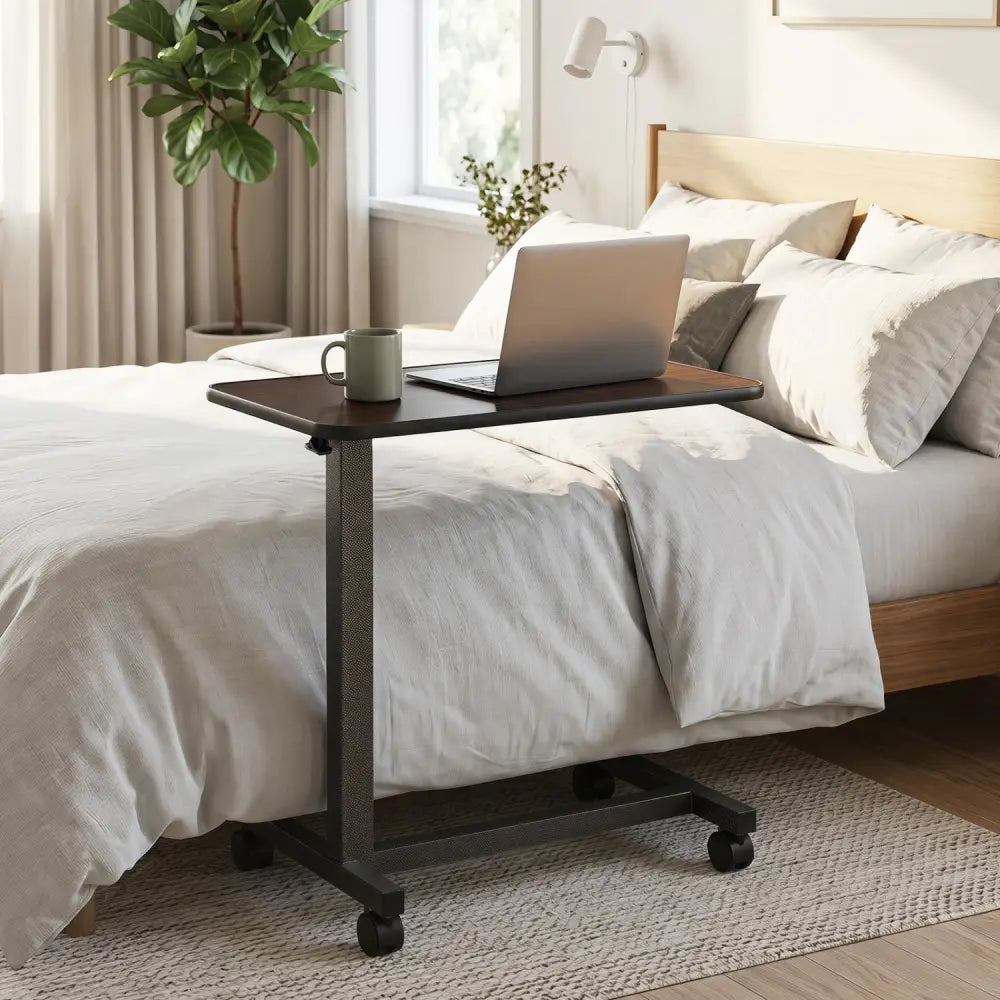 Overbed Table with Lockable Rolling Wheels and Sturdy H-Shaped Base for Hospital and Home Use-Walnut - Walnut - Laptop