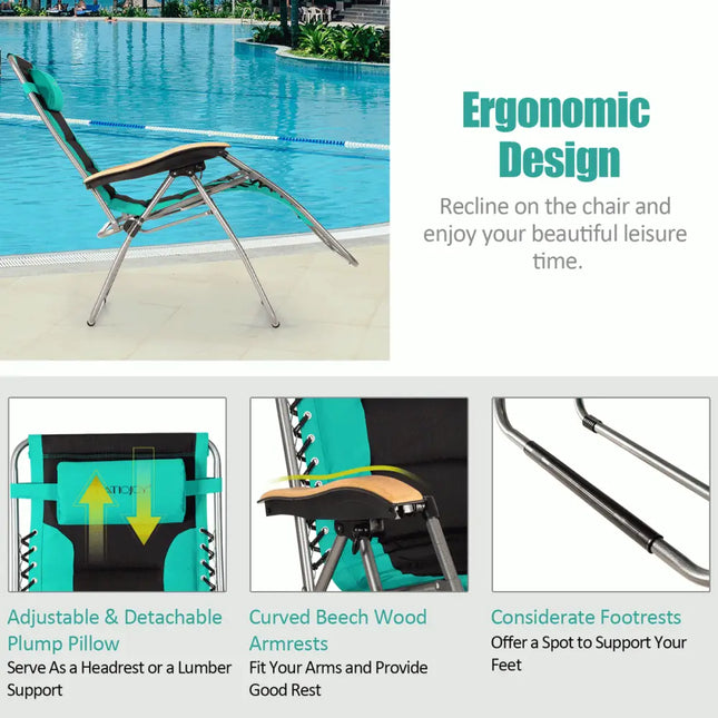 Oversize Folding Adjustable Padded Zero Gravity Lounge Chair-Turquoise - Turquoise - Beach & Lawn Chairs