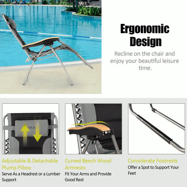 Oversize Folding Adjustable Padded Zero Gravity Lounge Chair-Gray - Gray - Beach & Lawn Chairs