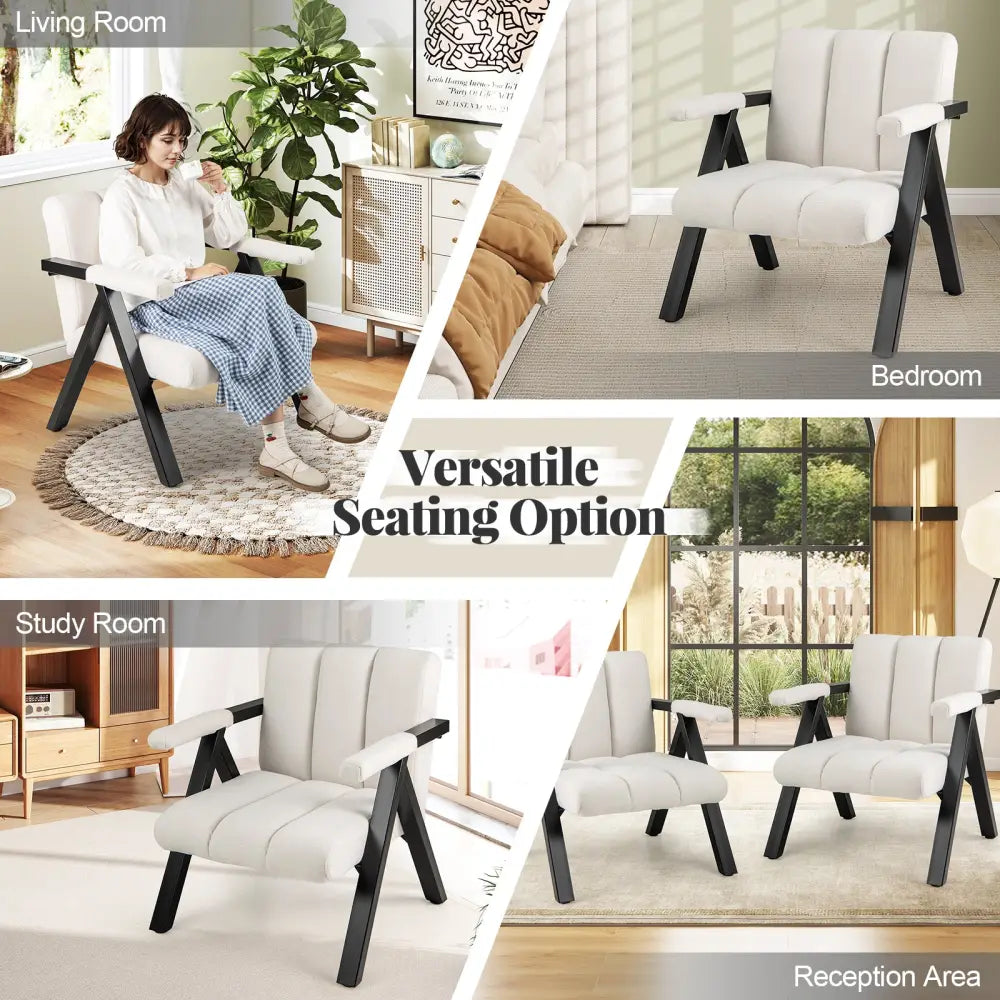 Oversized Accent Chair with Metal Frame and Armrests-Beige - Beige - Accent Chairs