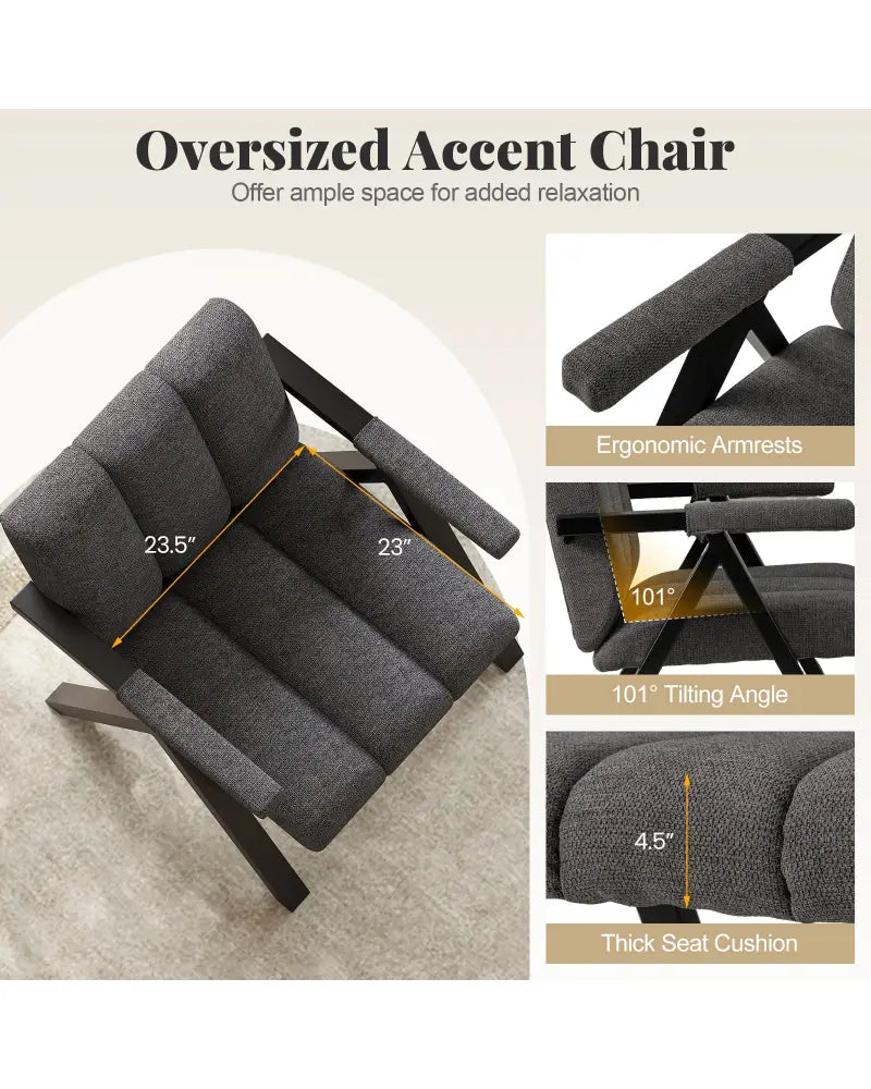 Oversized Accent Chair with Metal Frame and Armrests-Gray - Gray - Accent Chairs