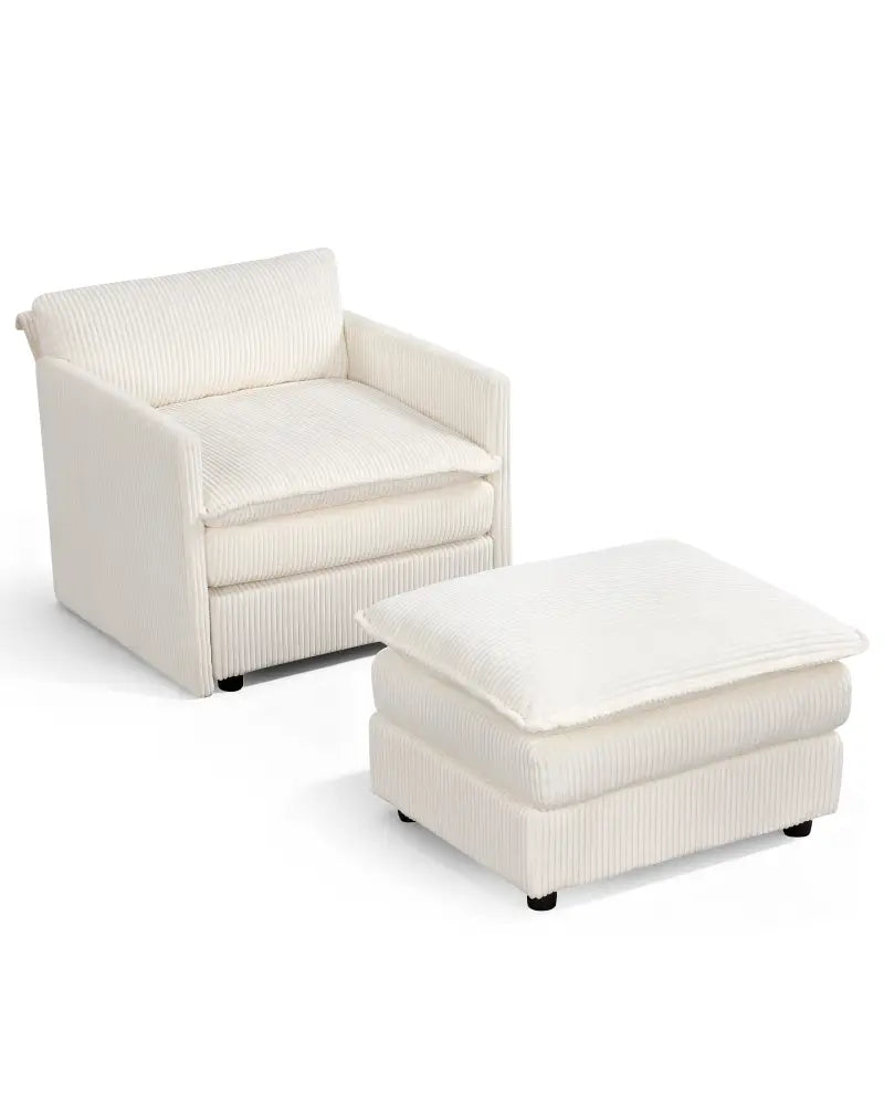 Oversized Accent Chair with Ottoman with Soft Corduroy Cushions-Beige - Beige - Accent Chairs
