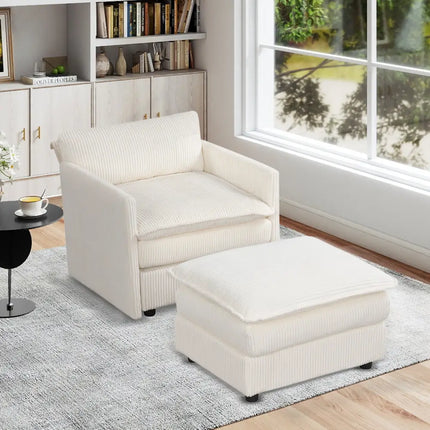 Oversized Accent Chair with Ottoman with Soft Corduroy Cushions-Beige - Beige - Accent Chairs