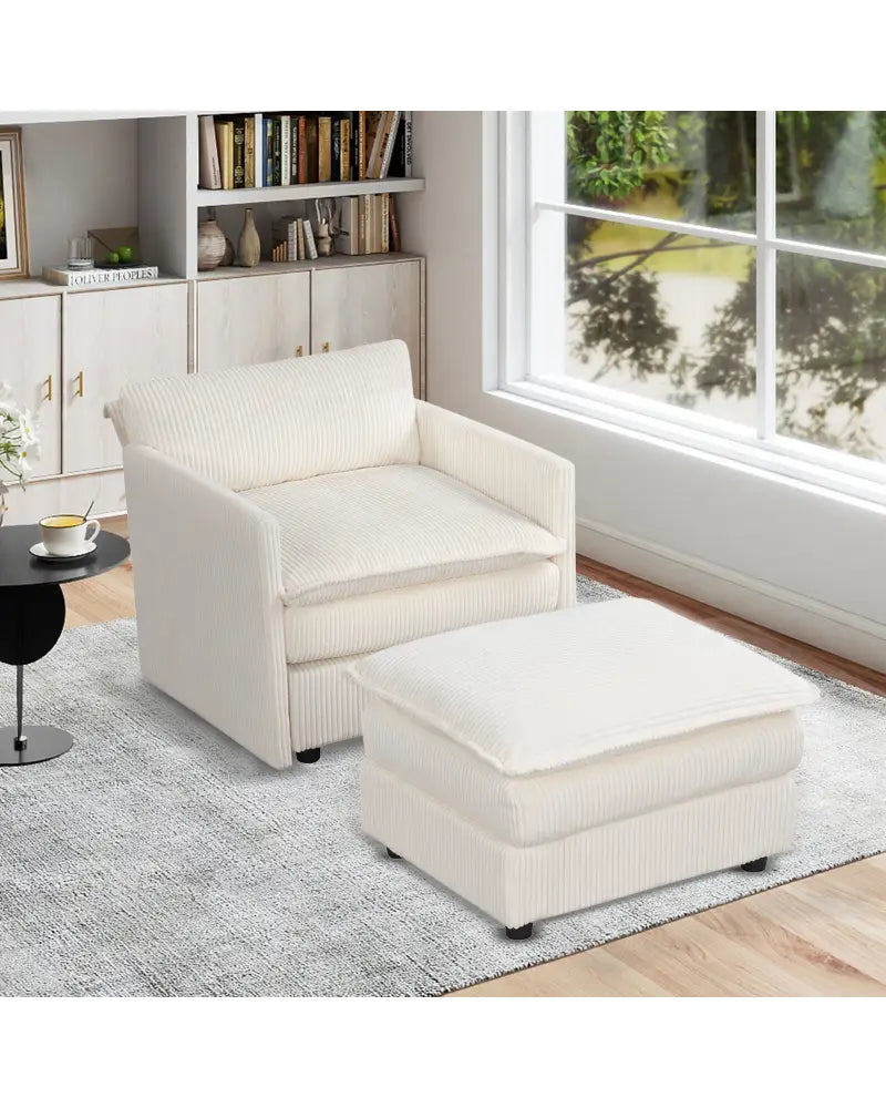 Oversized Accent Chair with Ottoman with Soft Corduroy Cushions-Beige - Beige - Accent Chairs