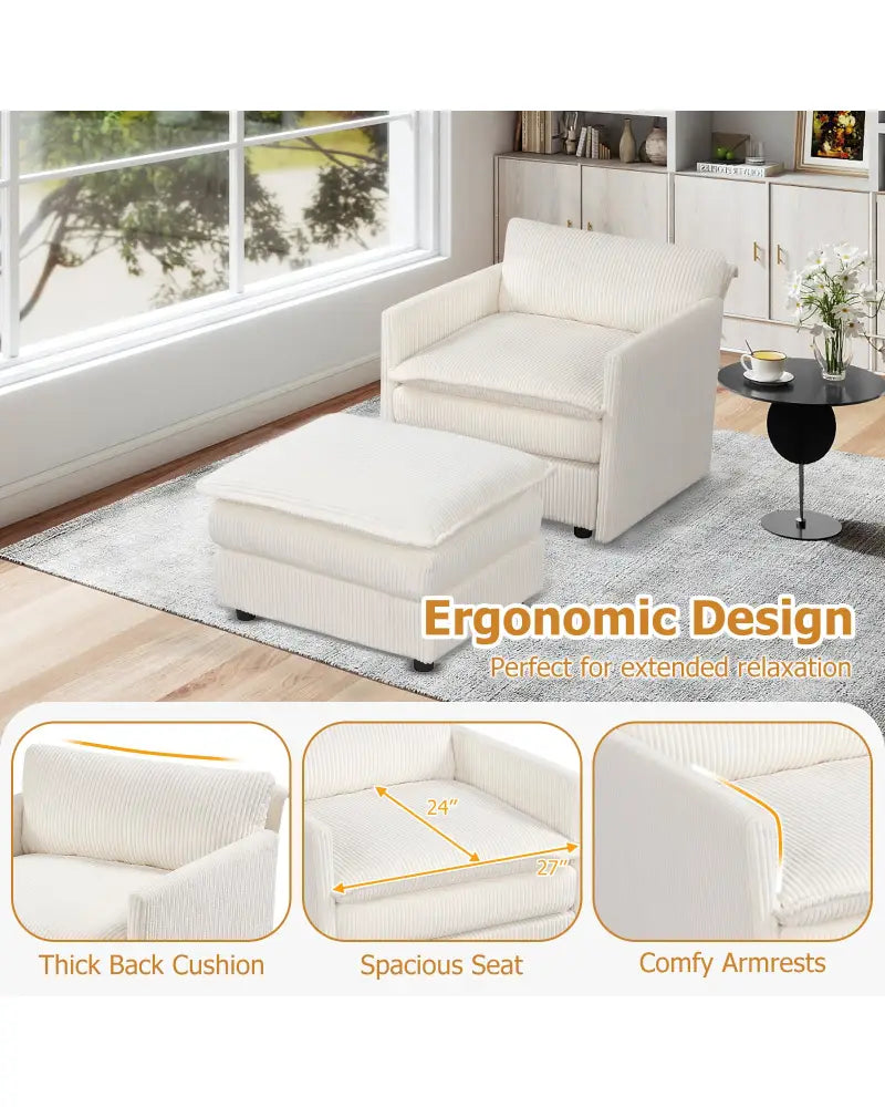 Oversized Accent Chair with Ottoman with Soft Corduroy Cushions-Beige - Beige - Accent Chairs