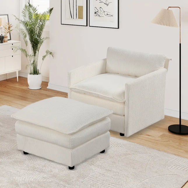 Oversized Accent Chair with Ottoman with Soft Corduroy Cushions-Beige - Beige - Accent Chairs