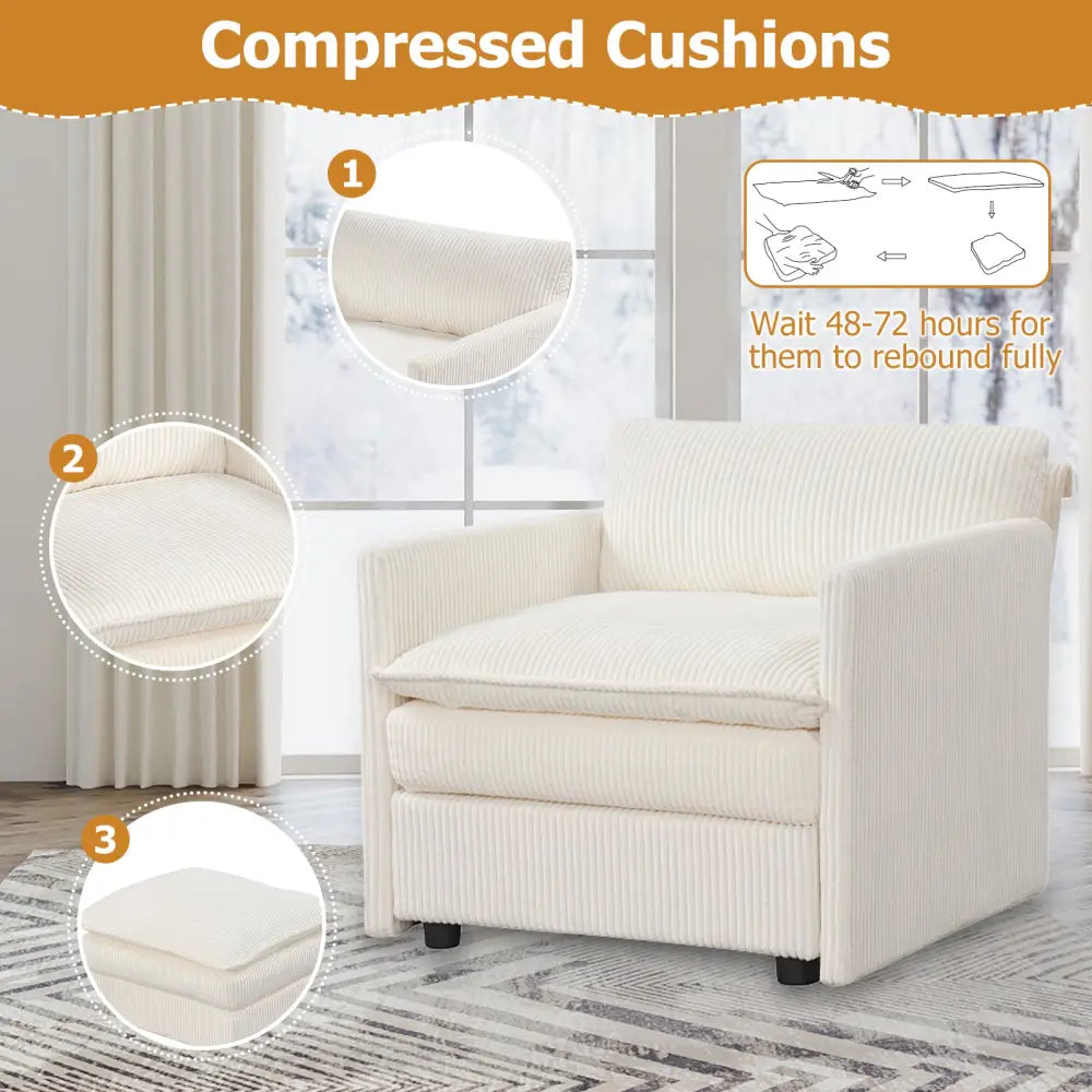 Oversized Accent Chair with Ottoman with Soft Corduroy Cushions-Beige - Beige - Accent Chairs