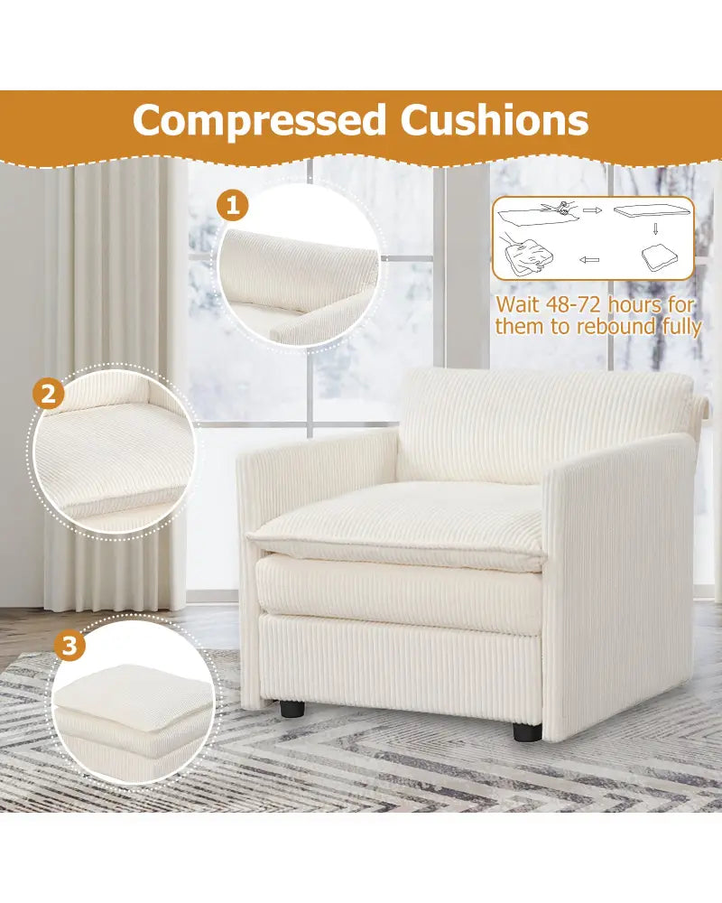 Oversized Accent Chair with Ottoman with Soft Corduroy Cushions-Beige - Beige - Accent Chairs