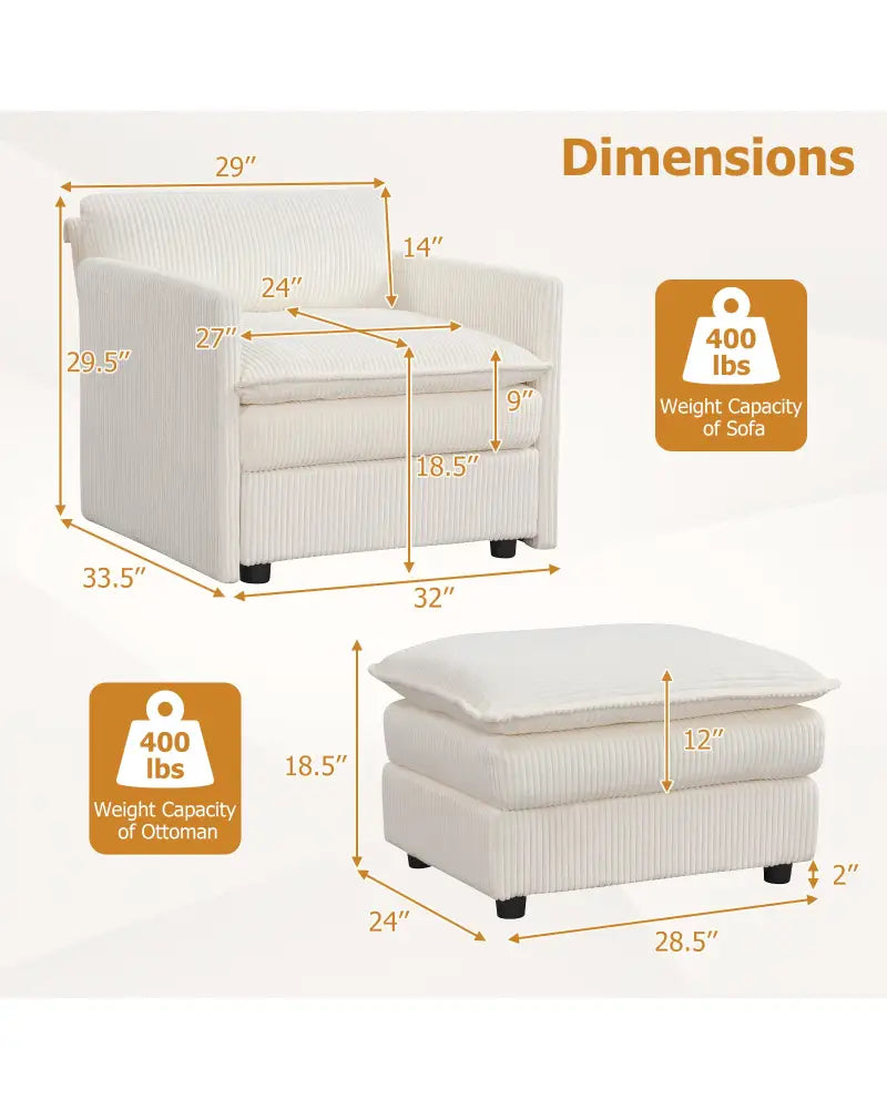 Oversized Accent Chair with Ottoman with Soft Corduroy Cushions-Beige - Beige - Accent Chairs