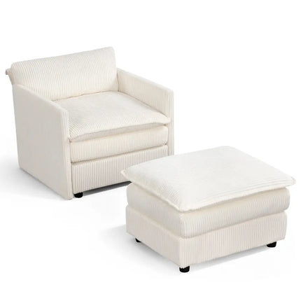 Oversized Accent Chair with Ottoman with Soft Corduroy Cushions-Beige - Beige - Accent Chairs